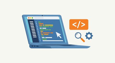 Laptop displaying colorful code editor with HTML tag icon, magnifying glass, and gear settings icons on a light background.